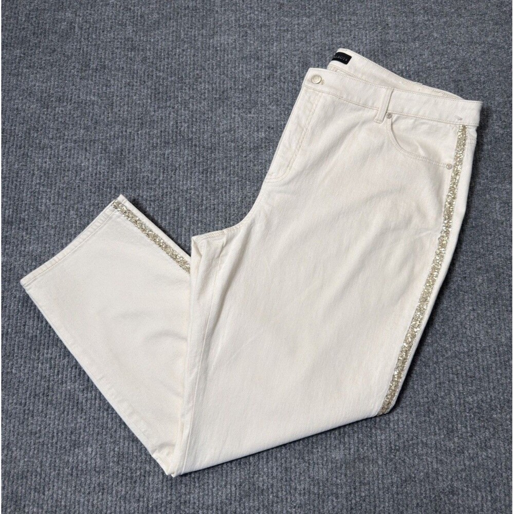 Talbots Straight Leg Jeans Women's Size 16W Stretch Cream/Beige Gold Sequins NEW